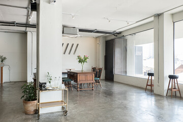 Empty Table and chair in Korean restaurant or minimal cafe style ,the interior scenery of a cafe.
