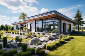 Fototapeta na wymiar A contemporary house with a spacious lawn and natural rock landscaping created with Generative AI technology