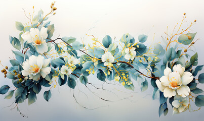 Light background with the image, a branch with flowers leaves.