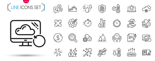 Pack of Waterproof, Settings gear and Magic wand line icons. Include Signing document, Manganese mineral, Refresh website pictogram icons. Snow weather, Puzzle, Rainy weather signs. Vector