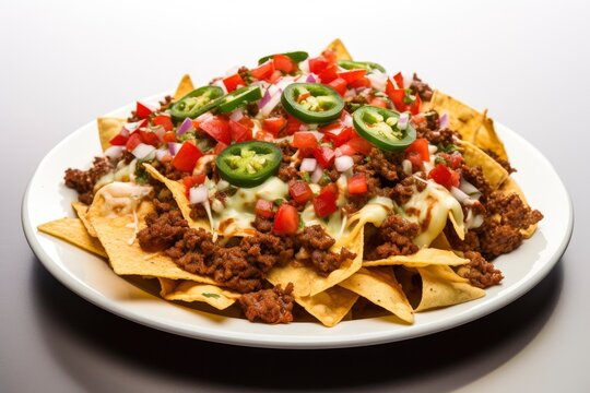 Delicious loaded nachos with chili and cheese on a white plate created with Generative AI technology