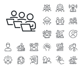 Remote office sign. Specialist, doctor and job competition outline icons. Teamwork line icon. Team employees symbol. Teamwork line sign. Avatar placeholder, spy headshot icon. Strike leader. Vector