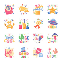 Pack of Typography Words Flat Stickers 

