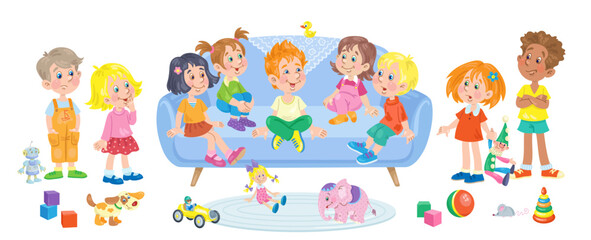 Group of cute children stand, sit  on the sofa and talk surrounded by toys. In cartoon style. Isolated on white background. Vector flat illustration.