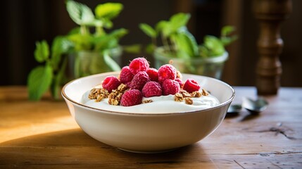  a bowl of yogurt with raspberries and granola.  generative ai