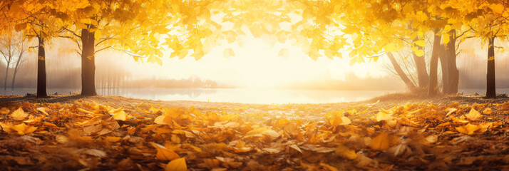 Beautiful Autumn Landscape with Yellow Trees and Sun