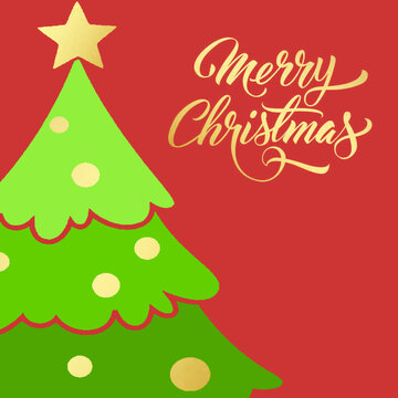Merry Christmas Green Pine Tree decorated with Ball and Star on top Graphic Wallpaper Red Background