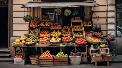 Fruit Stand on European Street, Generative AI Illustration