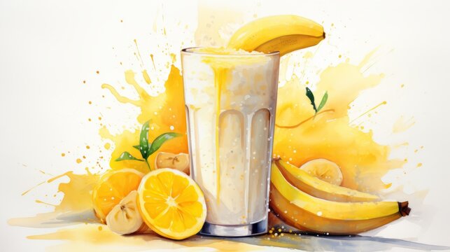 Smoothie with banana and lemon in the glass, fresh lemon and bananas. Horizontal banner. Illustration. Watercolor. Ai generated