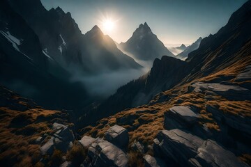 A rugged mountain peak emerging through the swirling mist of an early morning.
