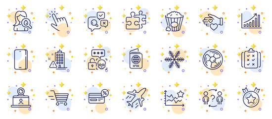 Outline set of Moisturizing cream, Snowflake and Delegate question line icons for web app. Include Cursor, Ranking star, Cyber attack pictogram icons. Inspect, Puzzle, Volunteer signs. Vector