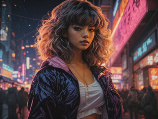 Vaporwave Vintage 90s anime style Girl on street wearing Jacket