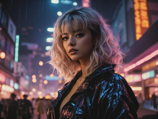 Vaporwave Vintage 90s anime style Girl on crowded street