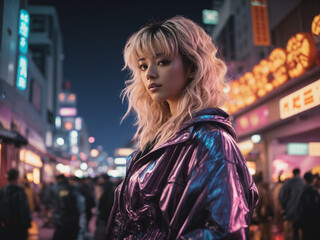 Vaporwave Vintage 90s anime style Girl wearing jacket