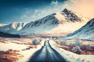 Fictional long road leading to the mountains. Winter season, nature, tranquil, scenic winter view, American landscape. Retro vintage style. Made with Generative AI