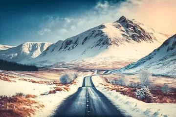 Tuinposter Fictional long road leading to the mountains. Winter season, nature, tranquil, scenic winter view, American landscape. Retro vintage style. Made with Generative AI © Koshiro