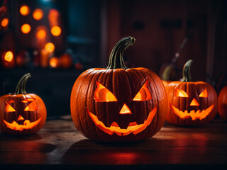 Evil Halloween Carved Pumpkins with bokeh background