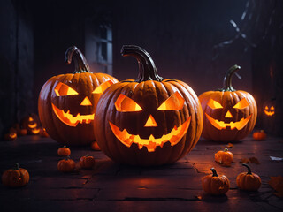 Group of Evil Halloween Carved Pumpkins