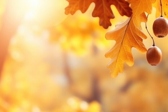 Autumn yellow leaves of oak tree with acorns in autumn park. Fall background with leaves in sun lights with bokeh