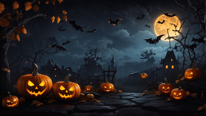 Halloween scene spooky banner with pumpkins and bats