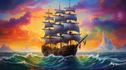 Fototapeta premium a painting of a sailing ship in the middle of the ocean. generative ai