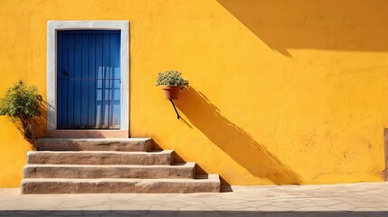  a yellow building with a blue door and a planter.  generative ai
