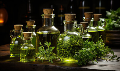 Bottles with oil, herbs on a table on a dark background.