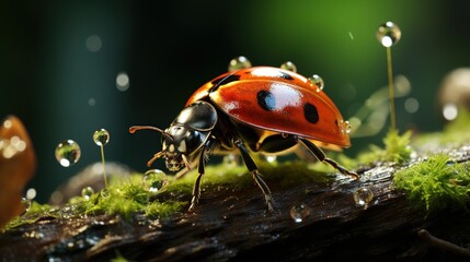 Naklejka premium a lady bug sitting on top of a tree branch covered in dew. generative ai