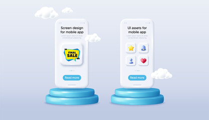 Final sale banner. Phone mockup on podium. Product offer 3d pedestal. Discount sticker bubble. Coupon tag icon. Background with 3d clouds. Final sale promotion message. Vector