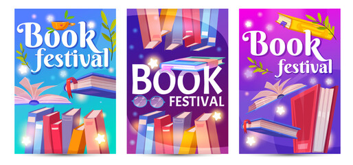 Book festival posters set. Flyers and banners with library interior, flying books or textbooks and stars. Knowledge, reading and study. Cartoon flat vector collection isolated on white background