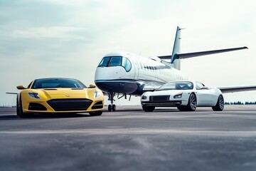 Super car and private jet on landing strip. Business class