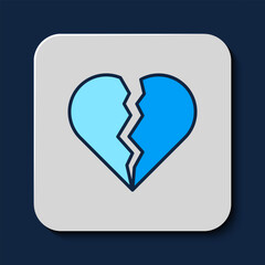 Filled outline Broken heart or divorce icon isolated on blue background. Love symbol. Happy Valentines day. Vector
