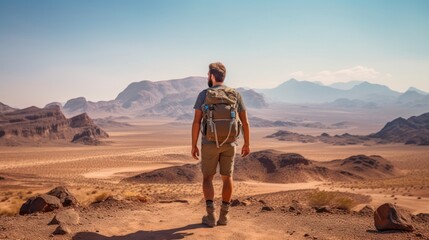 Fototapeta na wymiar Male hiker, full body, view from behind, standing in the desert