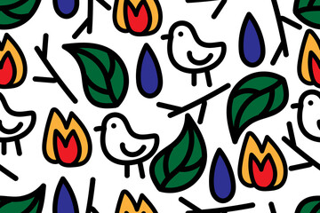 Nature pack. Bird, leaf, branch, water drop,  fire. Cartoon elements. Trendy, stylish, fashionable, seamless vector pattern for design and decoration.