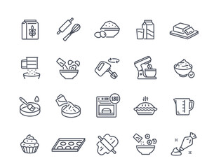 Baking ingredients icons set. Outline dough for muffins, pie or cookies from eggs and milk, butter and flour. Cookware and kitchenware. Linear flat vector collection isolated on white background