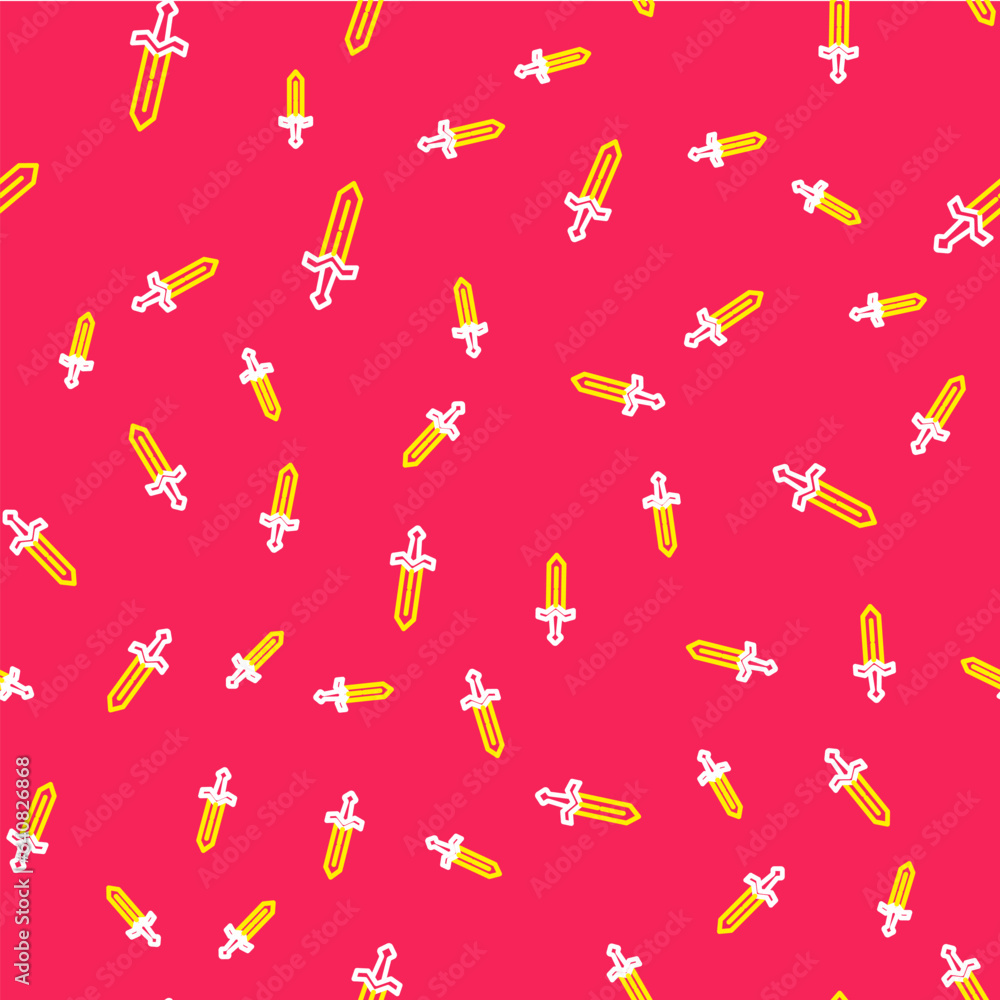 Poster line medieval sword icon isolated seamless pattern on red background. medieval weapon. vector