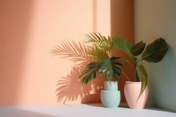 Shadows cast on a pastel room wall with tropical summer sunlight