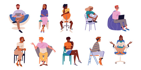 People sitting on different chairs. Character variations in lotus position talking. Smiling men and women on stools and armchairs. Cartoon flat vector collection isolated on white background