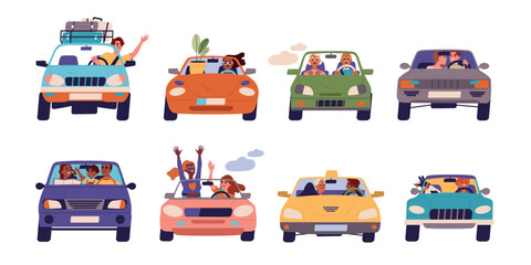 People drive car set. Smiling characters on vehicle journey. Trip, road and transport. Couple and family with kid, man with dog and elderly driving. Cartoon flat vector isolated on white background