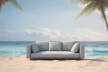 Fototapeta na wymiar Sofa on sand beach with palm. Concept for vacation