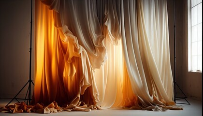 Multiple layers of cascading curtains with warm studio lights, photography backdrop