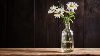  a glass vase with daisies in it on a table.  generative ai