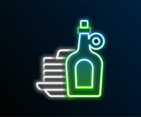Glowing neon line Bottle of maple syrup with stack of pancakes icon isolated on black background. Colorful outline concept. Vector