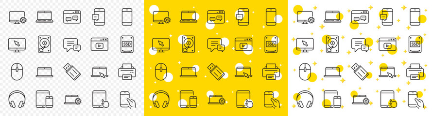 Laptop, Tablet PC and Smartphone icons. Mobile device line icons. HDD, SSD and Flash drive. Headphones, Printer and tablet device. Mouse, ssd disk, mobile laptop. Memory hdd drive. Vector