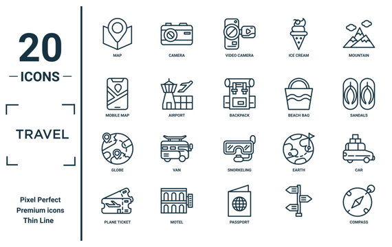 Travel Linear Icon Set. Includes Thin Line Map, Mobile Map, Globe, Plane Ticket, Compass, Backpack, Car Icons For Report, Presentation, Diagram, Web Design