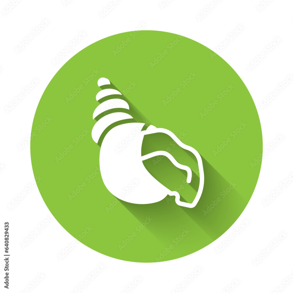 Poster white scallop sea shell icon isolated with long shadow. seashell sign. green circle button. vector