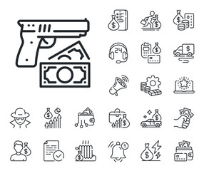 Money fraud crime sign. Cash money, loan and mortgage outline icons. Robbery line icon. Thief with gun steal cash symbol. Robbery line sign. Credit card, crypto wallet icon. Vector