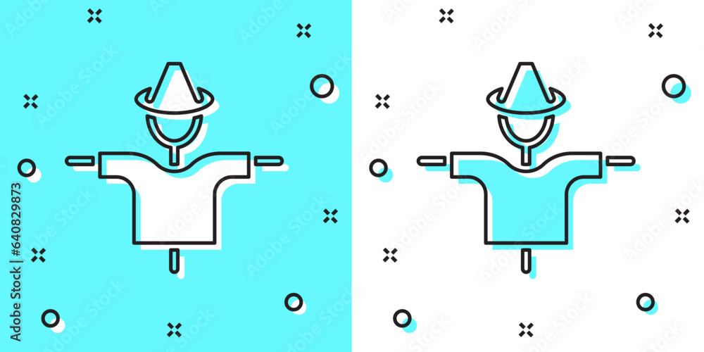 Poster black line scarecrow icon isolated on green and white background. random dynamic shapes. vector