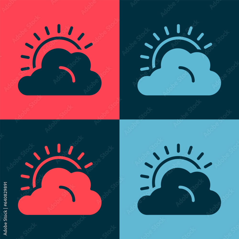 Poster pop art sun and cloud weather icon isolated on color background. vector