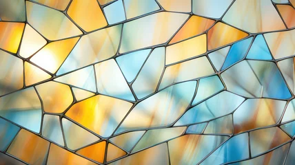Photo sur Plexiglas Coloré Lead glass window shiny background with yellow, orange, red and blue triangles created with Generative AI